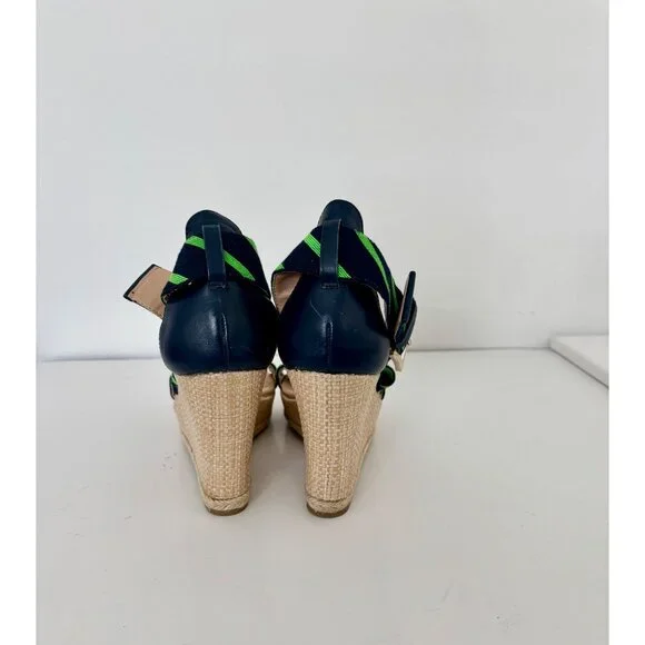 Tommy Hilfiger Sandals 10 Wedge Navy Green Striped Espadrille Preppy Nautical - Picture 15 of 16